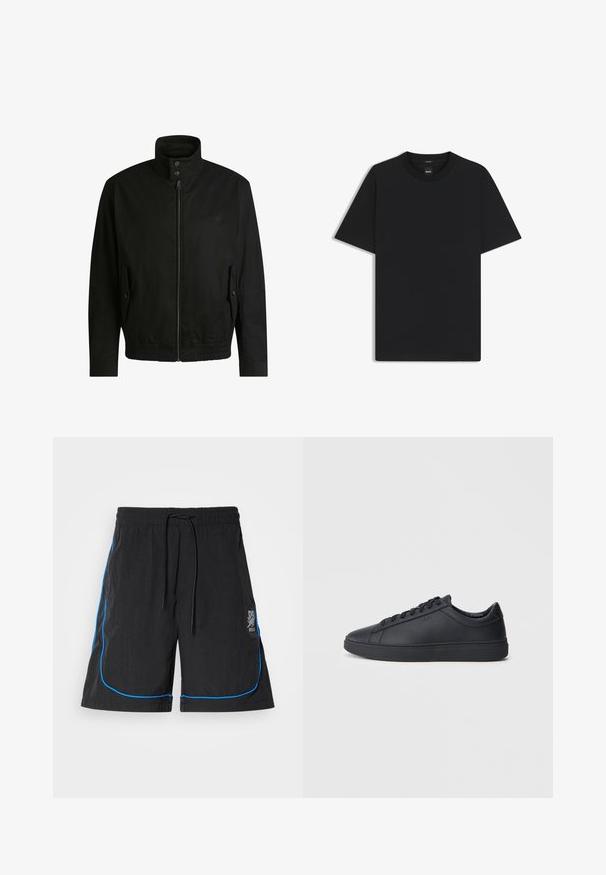 Black jacket with a high collar, zippered front, and elastic waistband. Features side pockets with cover flaps and subtle logo detailing.; Black short-sleeve T-shirt made from a smooth cotton blend, featuring a crew neckline and a minimalistic design with no patterns or accents.; Black swim shorts with a drawstring waist, featuring blue piping along the seams and a logo on the left thigh. Lightweight fabric.; Black sneakers made of smooth leather with a low-top design, round toe, and flat rubber sole. Features laces and subtle branding.