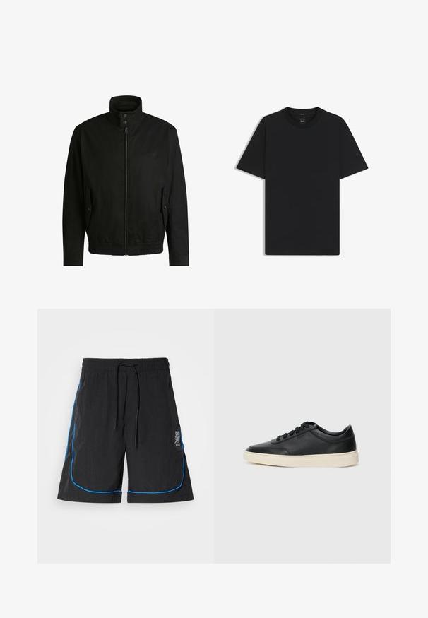 Black jacket with a high collar, zippered front, and elastic waistband. Features side pockets with cover flaps and subtle logo detailing.; Black short-sleeve T-shirt made from a smooth cotton blend, featuring a crew neckline and a minimalistic design with no patterns or accents.; Black swim shorts with a drawstring waist, featuring blue piping along the seams and a logo on the left thigh. Lightweight fabric.; Black low-top leather sneaker with black laces and off-white sole shown in side profile on white background.