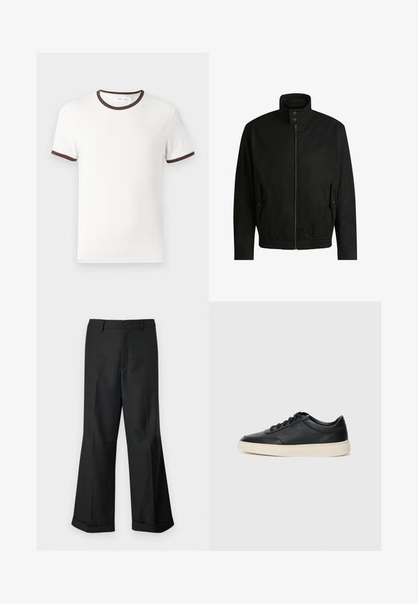 Sort jakke med høj krave, lynlåslukning foran og elastisk liv. Har sidelommer med coverlapper og subtile logo-detaljer.; Hvid T-shirt med korte ærmer og brun ribbet halsudskæring samt ærmekanter, fremstillet af blødt bomuldsstof. Enkel og klassisk design.; Sorte vide benbukser med knappet talje og opslåede ben, præsenteret mod en ensfarvet hvid baggrund.; Sort lavt top lædersneaker med sorte snørebånd og off-white sål vist i sideprofil på hvid baggrund.