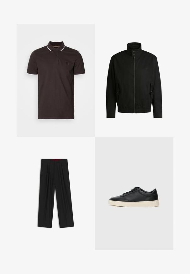 Sort jakke med høj krave, lynlåslukning foran og elastisk liv. Har sidelommer med coverlapper og subtile logo-detaljer.; Mørkebrun polo skjorte lavet af bomuld, med en klassisk krave, to knapper og hvide detaljer ved kraven og ærmerne. Lille logo på brystet.; Sorte brede bukser med flad front, to sidelommer, plisseret design og en kontrastfarvet rød inderside på linningen.; Sort lavt top lædersneaker med sorte snørebånd og off-white sål vist i sideprofil på hvid baggrund.