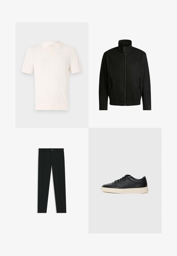Svart jacka med hög krage, dragkedja fram och elastiskt midjeband. Har fickor på sidorna med lock och subtil logodetalj.; Kortärmad polo i krämfärg med ett strukturerat stickat mönster, treknappsknäppning och klassisk krage.; Svarta dressbyxor med rak bendesign, gjorda av ett mjukt tyg. Har stängning med frontknapp och bälteshällor. Enfärgade utan mönster.; Svart låg skor i läder med svarta snören och off-white sula, visas i sidoprofil på vit bakgrund.