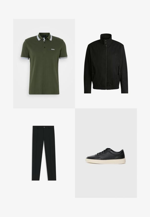 Svart jacka med hög krage, dragkedja fram och elastiskt midjeband. Har fickor på sidorna med lock och subtil logodetalj.; Grön polo t-shirt i bomull med två-knapps knappslå, svart logotyp och kontrasterande randig trim på kragen och ärmarna.; Svarta dressbyxor med rak bendesign, gjorda av ett mjukt tyg. Har stängning med frontknapp och bälteshällor. Enfärgade utan mönster.; Svart låg skor i läder med svarta snören och off-white sula, visas i sidoprofil på vit bakgrund.