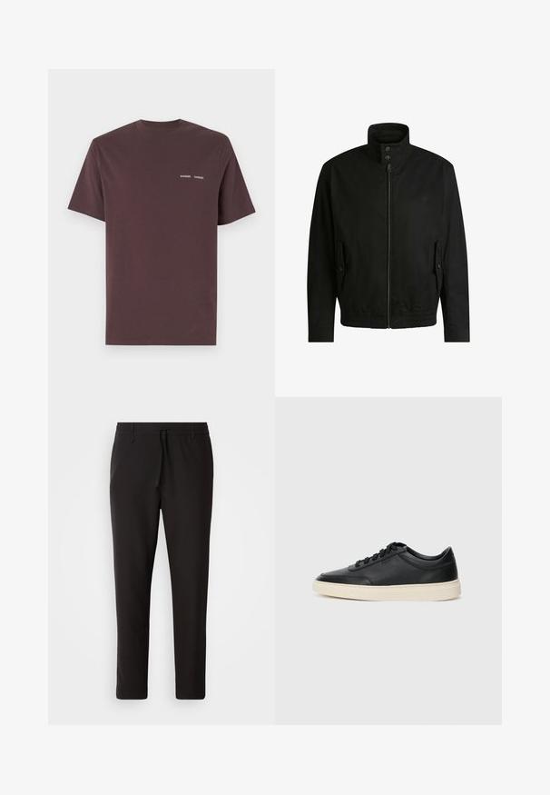 Zwarte jas met een hoge kraag, ritssluiting aan de voorkant en elastische tailleband. Voorzien van zijzakken met deksels en subtiele logo-details.; Bordeaux katoenen t-shirt met korte mouwen en een ronde hals, met de merknaam "Samsoe Samsoe" in het wit op de borst gedrukt.; Zwarte joggingsbroek van gladde stof. Kenmerkt zich door een elastische tailleband met een trekkoord, taps toelopende benen en geen zichtbare zakken. Eenvoudig ontwerp.; Zwarte leren sneaker met lage schacht, zwarte veters en off-white zool, weergegeven in zijprofiel op een witte achtergrond.