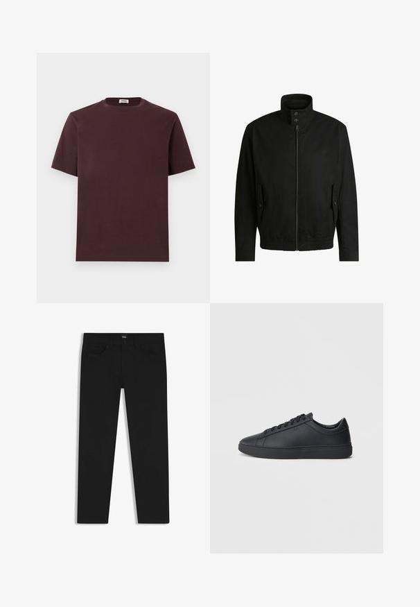 Black jacket with a high collar, zippered front, and elastic waistband. Features side pockets with cover flaps and subtle logo detailing.; Burgundy cotton T-shirt with a round neckline, short sleeves, and a relaxed fit. No visible logos or patterns. Soft texture.; Black denim trousers with a straight cut, featuring a standard waistband, five pockets, and a button closure. Smooth texture throughout.; Black sneakers made of smooth leather with a low-top design, round toe, and flat rubber sole. Features laces and subtle branding.