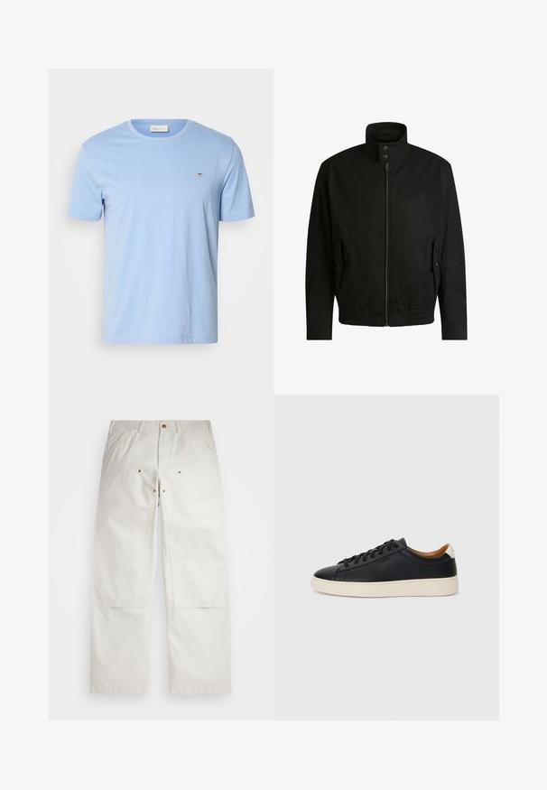 Black jacket with a high collar, zippered front, and elastic waistband. Features side pockets with cover flaps and subtle logo detailing.; Light blue short-sleeve t-shirt made of cotton. Features a crew neckline and a small embroidered logo on the left chest. Soft texture.; White cotton pants with a relaxed fit, featuring front pockets, gold hardware accents, and knee patch detailing.; Black leather sneakers with a smooth texture, beige rubber sole, lace-up design, and a contrasting heel accent.
