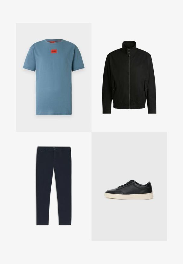 Zwarte jas met een hoge kraag, ritssluiting aan de voorkant en elastische tailleband. Voorzien van zijzakken met deksels en subtiele logo-details.; Lichtblauw T-shirt met korte mouwen en een ronde hals. Voorzien van een rechthoekige rode logopatch op de borst. Glad oppervlak, casual pasvorm.; Marineblauwe broek van lichtgewicht stof, met een rechte pijpdesign, zijzakken en een knoopsluiting aan de voorkant met merkdetails.; Zwarte leren sneaker met lage schacht, zwarte veters en off-white zool, weergegeven in zijprofiel op een witte achtergrond.