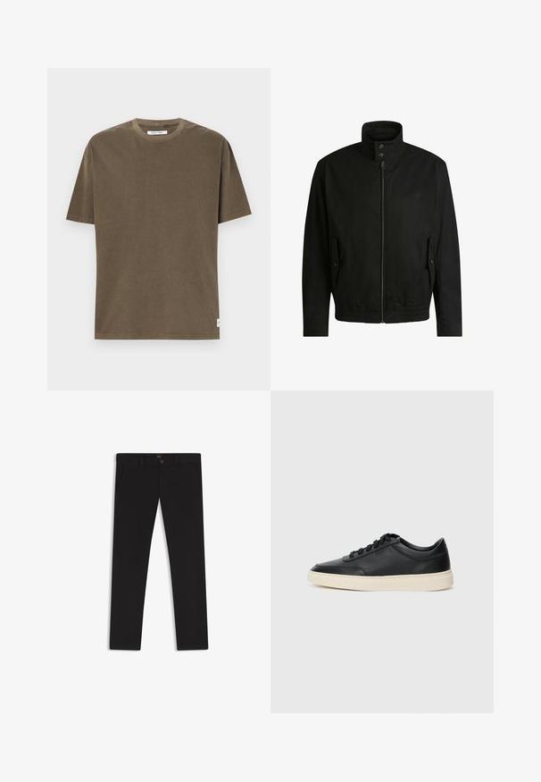 Zwarte jas met een hoge kraag, ritssluiting aan de voorkant en elastische tailleband. Voorzien van zijzakken met deksels en subtiele logo-details.; Olijfgroene katoenen T-shirt met korte mouwen, ronde hals en rechte zoom. Bevat een klein merketiket aan de zijkant.; Zwarte broek van stof met een gladde textuur. Bevat een knoopsluiting, riemlussen en zijzakken. Standaard straight-leg ontwerp.; Zwarte leren sneaker met lage schacht, zwarte veters en off-white zool, weergegeven in zijprofiel op een witte achtergrond.