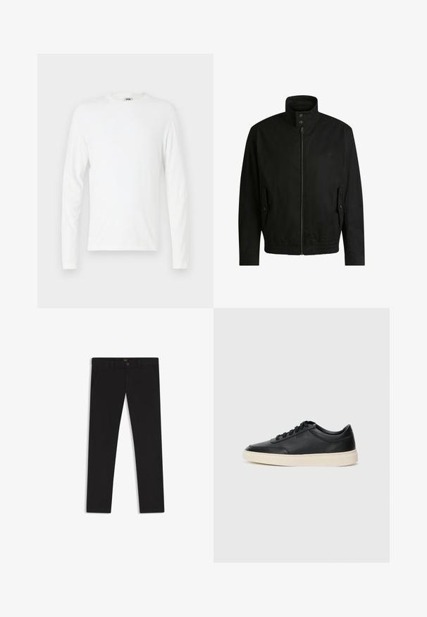 Black jacket with a high collar, zippered front, and elastic waistband. Features side pockets with cover flaps and subtle logo detailing.; Long-sleeve white t-shirt made from soft cotton, featuring a crew neckline and a relaxed fit with no visible patterns or accents.; Black trousers made of fabric with a smooth texture. Features a button closure, belt loops, and side pockets. Standard straight-leg design.; Black low-top leather sneaker with black laces and off-white sole shown in side profile on white background.