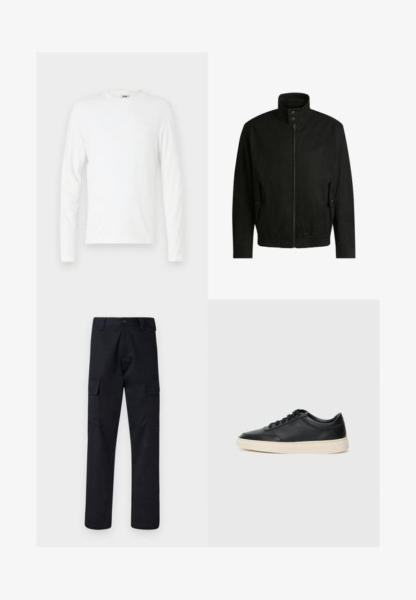 Schwarze Jacke mit hohem Kragen, Reißverschluss vorne und elastischem Bund. Enthält Seitentaschen mit Klappen und dezenten Logodetails.; Langarm-Weißes T-Shirt aus weicher Baumwolle, mit Rundhalsausschnitt und entspanntem Schnitt, ohne sichtbare Muster oder Akzente.; Schwarze Cargo-Hose aus robustem Stoff, mit geradem Bein, zwei Seitentaschen und einem Knopfverschluss am Bund.; Schwarzer niedriger Ledersneaker mit schwarzen Schnürsenkeln und cremefarbenem Sohlenrand, seitlich auf weißem Hintergrund dargestellt.