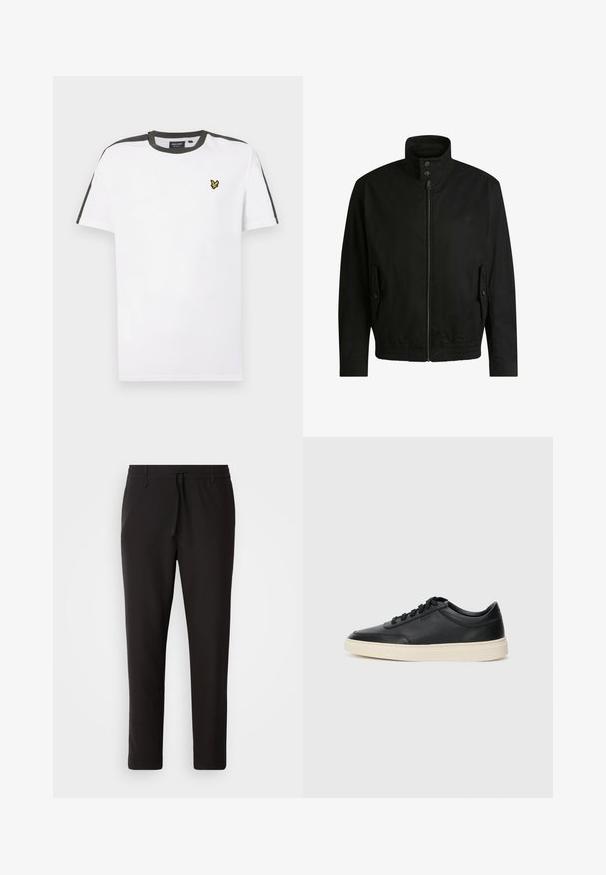 Black jacket with a high collar, zippered front, and elastic waistband. Features side pockets with cover flaps and subtle logo detailing.; White cotton T-shirt with a crew neck, black shoulder accents, and a small yellow logo on the left chest. Short sleeves.; Black jogger pants made of smooth fabric. Feature an elastic waistband with a drawstring, tapered legs, and no visible pockets. Simple design.; Black low-top leather sneaker with black laces and off-white sole shown in side profile on white background.