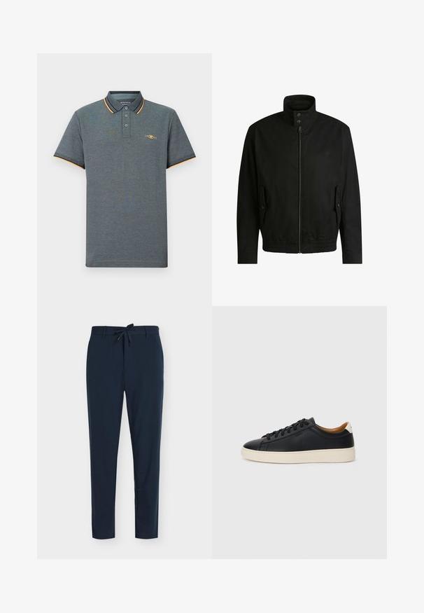 Czarna kurtka z wysokim kołnierzem, zamkiem błyskawicznym z przodu i elastycznym paskiem u dołu. Posiada boczne kieszenie z klapkami oraz subtelne detale logo.; Szara koszulka polo z fakturowanej tkaniny, z trzema guzikami przy kołnierzyku, jasnoniebieskimi i pomarańczowymi akcentami na kołnierzu oraz małym logo na piersi.; Granatowe spodnie wykonane z gładkiej tkaniny, z pasem na sznurek, ozdobione pionowym wzorem w prążki oraz zwężanymi nogawkami.; Czarne skórzane trampki o gładkiej fakturze, jasnobrązowa gumowa podeszwa, sznurowana konstrukcja i kontrastujący akcent na pięcie.