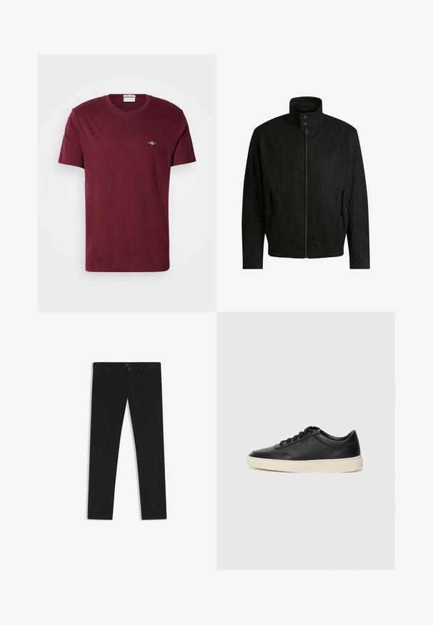 Black jacket with a high collar, zippered front, and elastic waistband. Features side pockets with cover flaps and subtle logo detailing.; Burgundy short-sleeve crew neck t-shirt with small white embroidered GANT logo on left chest.; Black trousers made of fabric with a smooth texture. Features a button closure, belt loops, and side pockets. Standard straight-leg design.; Black low-top leather sneaker with black laces and off-white sole shown in side profile on white background.