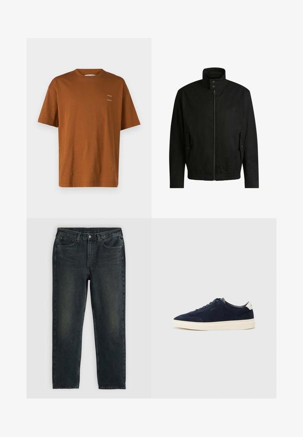 Sort jakke med høj krave, lynlåslukning foran og elastisk liv. Har sidelommer med coverlapper og subtile logo-detaljer.; Brun bomulds T-shirt med afslappet pasform, rund halsudskæring og korte ærmer. Har små trykte bogstaver i hvidt på forsiden.; Mørkeblå denimjeans med lige ben, der har fem lommer, lynlås og kontrasterende syninger. Diskret falming på stoffet.; Marineblå ruskinds sneakers med en glat stofoverdel, hvid gummisål og simpel snørebåndsdesign. Har et lille logo på siden.