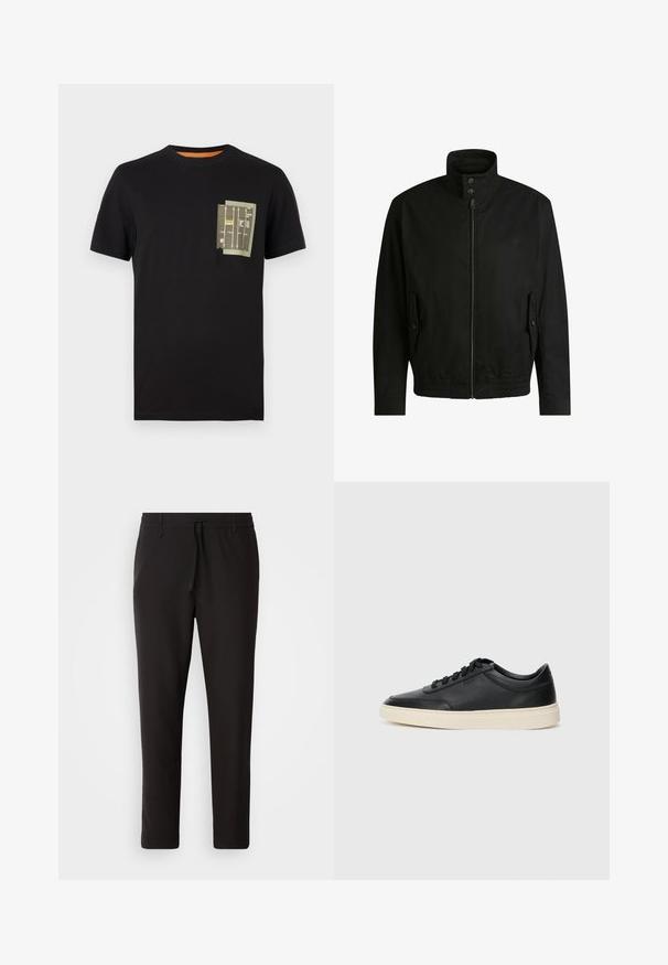 Black jacket with a high collar, zippered front, and elastic waistband. Features side pockets with cover flaps and subtle logo detailing.; Black cotton t-shirt with a round neckline and short sleeves. Features a green pocket design with printed text and patterns.; Black jogger pants made of smooth fabric. Feature an elastic waistband with a drawstring, tapered legs, and no visible pockets. Simple design.; Black low-top leather sneaker with black laces and off-white sole shown in side profile on white background.