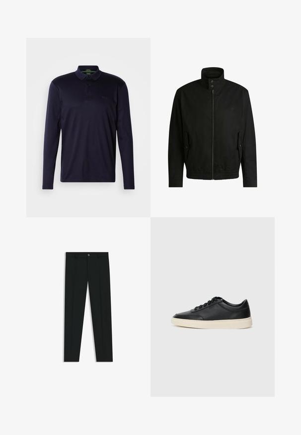 Svart jacka med hög krage, dragkedja fram och elastiskt midjeband. Har fickor på sidorna med lock och subtil logodetalj.; Marineblå långärmad polo-tröja i mjuk bomull, med en treknapps-petikett och broderad logotyp på bröstet. Slät textur.; Svarta dressbyxor med rak bendesign, gjorda av ett mjukt tyg. Har stängning med frontknapp och bälteshällor. Enfärgade utan mönster.; Svart låg skor i läder med svarta snören och off-white sula, visas i sidoprofil på vit bakgrund.