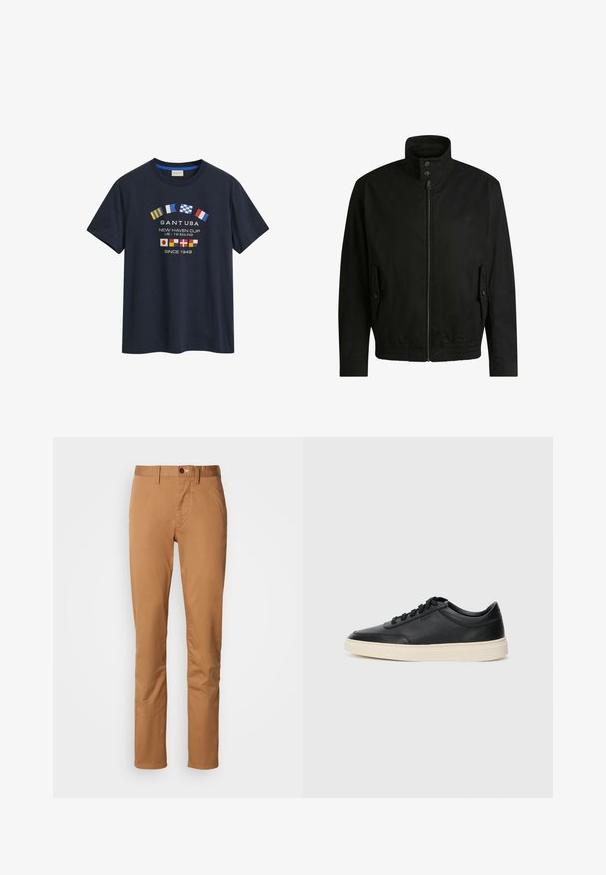 Musta takki korkealla kauluksella, vetoketjulla edessä ja joustavalla vyötäröllä. Varustettu sivutaskuilla, joissa on suojapeitteet ja hienovarainen logotaito.; Tummansininen puuvillapaita, jossa on pyöreä pääntie ja lyhyet hihat. Etuosassa on erilaisia maavaltion lippuja ja "GANT USA" -teksti.; Kapeat khaki-housut, joissa on nappi- ja vetoketjusuljenta, vyölenkit ja sivutaskut valkoista taustaa vasten.; Musta matalavartinen nahkastretchu, jossa on mustat nauhat ja vaaleanharmaa pohja, esitetty sivuprofiilissa valkoista taustaa vasten.