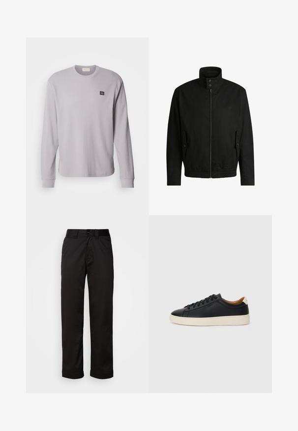 Black jacket with a high collar, zippered front, and elastic waistband. Features side pockets with cover flaps and subtle logo detailing.; Long-sleeve grey waffle-knit shirt with a round neckline and ribbed cuffs; features a small black logo patch on the left chest.; Black trousers made of smooth fabric, featuring a zip fly, button closure, and rolled cuffs for a casual design.; Black leather sneakers with a smooth texture, beige rubber sole, lace-up design, and a contrasting heel accent.