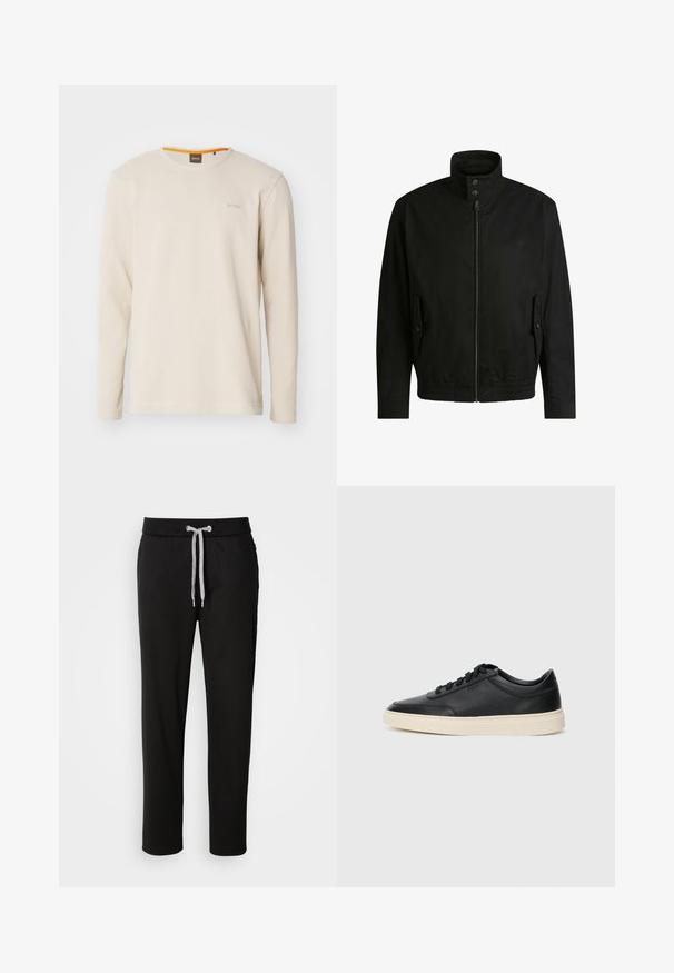 Schwarze Jacke mit hohem Kragen, Reißverschluss vorne und elastischem Bund. Enthält Seitentaschen mit Klappen und dezenten Logodetails.; Helles beige Langarm-T-Shirt aus strukturiertem Stoff. Mit Rundhalsausschnitt und einem kleinen Logo auf der Brust, das einen orangefarbenen Akzent im Kragen aufweist.; Schwarze Jogginghose aus weichem Material, mit einem elastischen Bund und einem Kordelzug sowie Seitentaschen. Lässiges Design mit geradem Schnitt.; Schwarzer niedriger Ledersneaker mit schwarzen Schnürsenkeln und cremefarbenem Sohlenrand, seitlich auf weißem Hintergrund dargestellt.