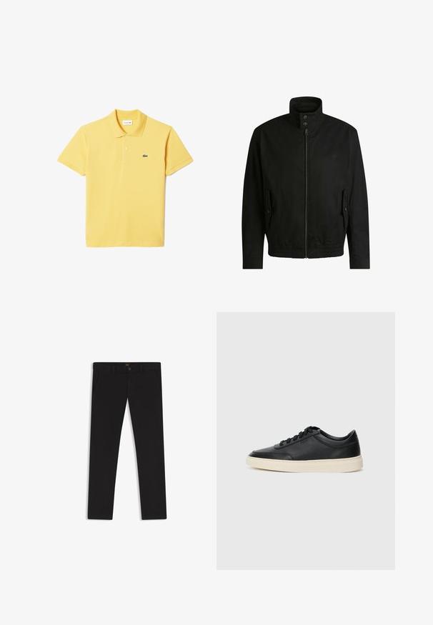 Schwarze Jacke mit hohem Kragen, Reißverschluss vorne und elastischem Bund. Enthält Seitentaschen mit Klappen und dezenten Logodetails.; Gelbes Poloshirt aus Baumwolle, mit Kragen, kurzen Ärmeln und einem kleinen grünen, gestickten Logo auf der linken Brust. Glatte Textur.; Schwarze Hosen aus einem Stoff mit glatter текстуре. Verfügt über einen Knopfverschluss, Gürtelschlaufen und Seitentaschen. Klassisches Design mit geradem Bein.; Schwarzer niedriger Ledersneaker mit schwarzen Schnürsenkeln und cremefarbenem Sohlenrand, seitlich auf weißem Hintergrund dargestellt.