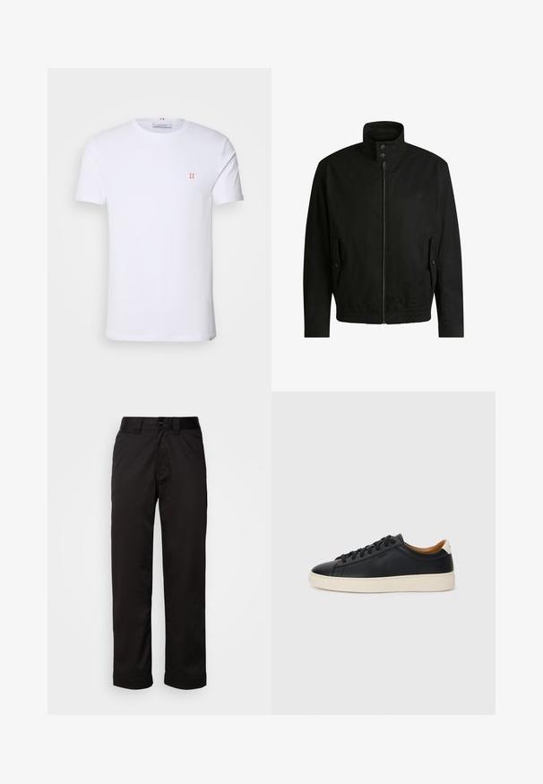 Sort jakke med høj krave, lynlåslukning foran og elastisk liv. Har sidelommer med coverlapper og subtile logo-detaljer.; Hvid bomulds T-shirt med korte ærmer, der har et lille orange "II" logo på venstre bryst og en rund halsudskæring. Simpelt design og tekstur.; Sorte bukser lavet af glat stof med lynlås, knaplukning og opsmøgede nedenkanter for et afslappet design.; Sorte lædersneakers med en glat overflade, beige gummisål, snørebåndsdesign og en kontrastfarvet hæl.