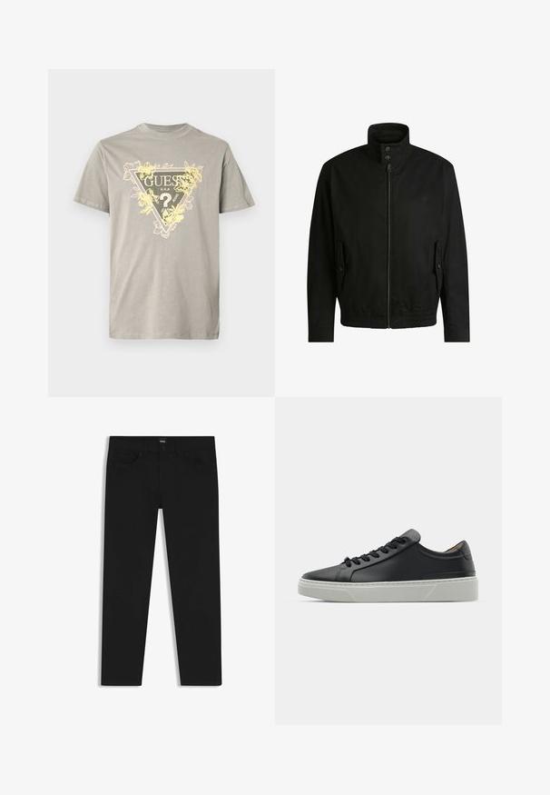 Schwarze Jacke mit hohem Kragen, Reißverschluss vorne und elastischem Bund. Enthält Seitentaschen mit Klappen und dezenten Logodetails.; Graues Baumwoll-T-Shirt mit einem dreieckigen Grafikmotiv mit der Aufschrift "GUESS" und gelben Blumenakzenten. Rundhalsausschnitt, kurze Ärmel und normale Passform.; Schwarze Denim-Hosen mit geradem Schnitt, ausgestattet mit einem Standardbund, fünf Taschen und einem Knopfverschluss. Angenehme, glatte Textur.; Schwarze Ledersneaker mit glatter Textur, runder Zehenform und schwarzen Schnürsenkeln. Verfügt über eine dicke, weiße Gummisohle mit subtilen geometrischen Akzenten.