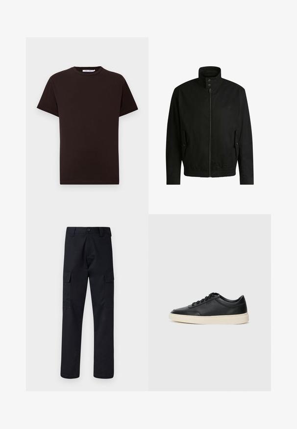 Sort jakke med høj krave, lynlåslukning foran og elastisk liv. Har sidelommer med coverlapper og subtile logo-detaljer.; Sort bomulds t-shirt med rund halsudskæring, korte ærmer og lige kant. Glat tekstur, afslappet design og uden synlige logoer eller mønstre.; Sorte cargo bukser lavet af robust stof, med en lige benklipp, to sidelommer og en knaplukning i taljen.; Sort lavt top lædersneaker med sorte snørebånd og off-white sål vist i sideprofil på hvid baggrund.