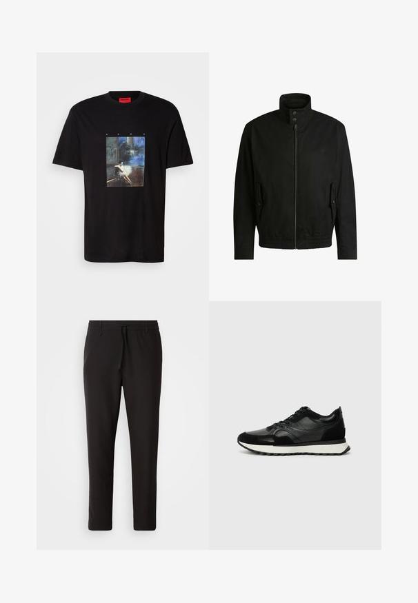 Schwarze Jacke mit hohem Kragen, Reißverschluss vorne und elastischem Bund. Enthält Seitentaschen mit Klappen und dezenten Logodetails.; Schwarzes Hugo-T-Shirt mit einer Grafik einer Frau, die auf dem Boden in einem dunklen Raum mit blauem Hintergrund sitzt, und dem Text "HUGO" darüber.; Schwarze Jogginghose aus glattem Stoff. Mit einem elastischen Bund und Kordelzug, schmal zulaufenden Beinen und ohne sichtbare Taschen. Einfaches Design.; Schwarze Sneaker aus strukturiertem Leder und Wildleder mit einer weißen Zwischensohle und einer Schnürdesign. Auffälliges Markenlogo an der Seite.