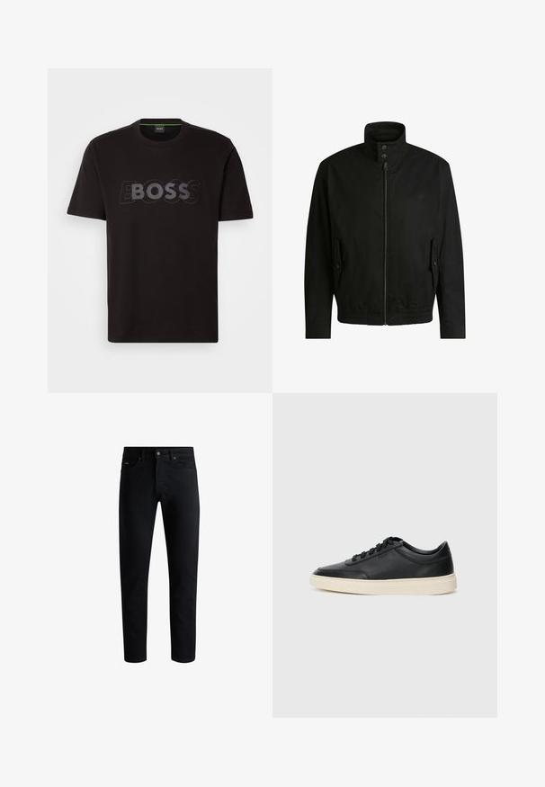Musta takki korkealla kauluksella, vetoketjulla edessä ja joustavalla vyötäröllä. Varustettu sivutaskuilla, joissa on suojapeitteet ja hienovarainen logotaito.; Musta puuvillapaita pyöreällä pääntiellä ja lyhyillä hihoilla. Rinnassa on karheasti kudottu "BOSS"-logo harmaana. Klassinen malli.; Musta kapea slim-fit farkut viidellä taskulla, napitettava sulkeminen ja vyölenkit, esitelty valkoista taustaa vasten.; Musta matalavartinen nahkastretchu, jossa on mustat nauhat ja vaaleanharmaa pohja, esitetty sivuprofiilissa valkoista taustaa vasten.