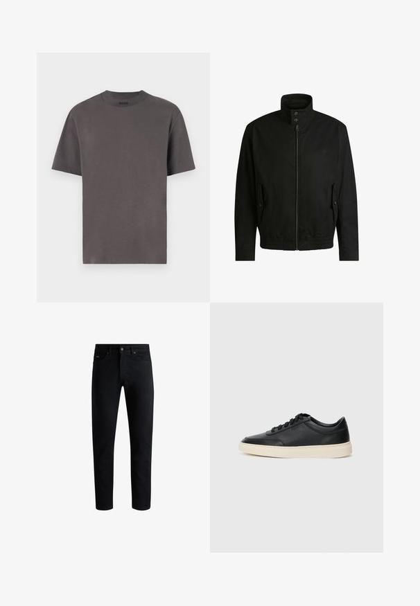 Black jacket with a high collar, zippered front, and elastic waistband. Features side pockets with cover flaps and subtle logo detailing.; Dark grey short-sleeve T-shirt made from soft cotton, featuring a round neck and minimalistic design with no visible patterns or accents.; Black slim-fit jeans with five pockets, button closure, and belt loops, displayed against a white background.; Black low-top leather sneaker with black laces and off-white sole shown in side profile on white background.