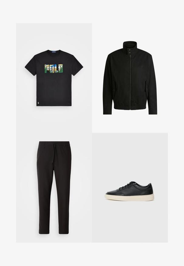 Black jacket with a high collar, zippered front, and elastic waistband. Features side pockets with cover flaps and subtle logo detailing.; Polo Ralph Lauren SHORT SLEEVE T-SHIRT - Print T-shirt - schwarz; Black jogger pants made of smooth fabric. Feature an elastic waistband with a drawstring, tapered legs, and no visible pockets. Simple design.; Black low-top leather sneaker with black laces and off-white sole shown in side profile on white background.