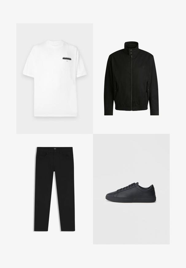 Schwarze Jacke mit hohem Kragen, Reißverschluss vorne und elastischem Bund. Enthält Seitentaschen mit Klappen und dezenten Logodetails.; Weißes Baumwoll-T-Shirt mit Rundhalsausschnitt, kurzen Ärmeln und einem minimalistischen schwarzen Grafikdruck auf der Brust. Weiche Textur und normale Passform.; Schwarze Denim-Hosen mit geradem Schnitt, ausgestattet mit einem Standardbund, fünf Taschen und einem Knopfverschluss. Angenehme, glatte Textur.; Schwarze Sneaker aus glattem Leder mit einem tiefen Design, runder Zehenform und flacher Gummi-Sohle. Mit Schnürsenkeln und dezentem Branding.