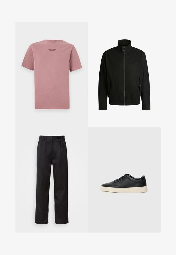 Black jacket with a high collar, zippered front, and elastic waistband. Features side pockets with cover flaps and subtle logo detailing.; Short-sleeve t-shirt in dusty rose, made of soft cotton. Features a crew neck and a small black logo at the back. Simple design.; Black trousers made of smooth fabric, featuring a front button closure, pleats, and straight legs. No visible patterns or accents.; Black low-top leather sneaker with black laces and off-white sole shown in side profile on white background.