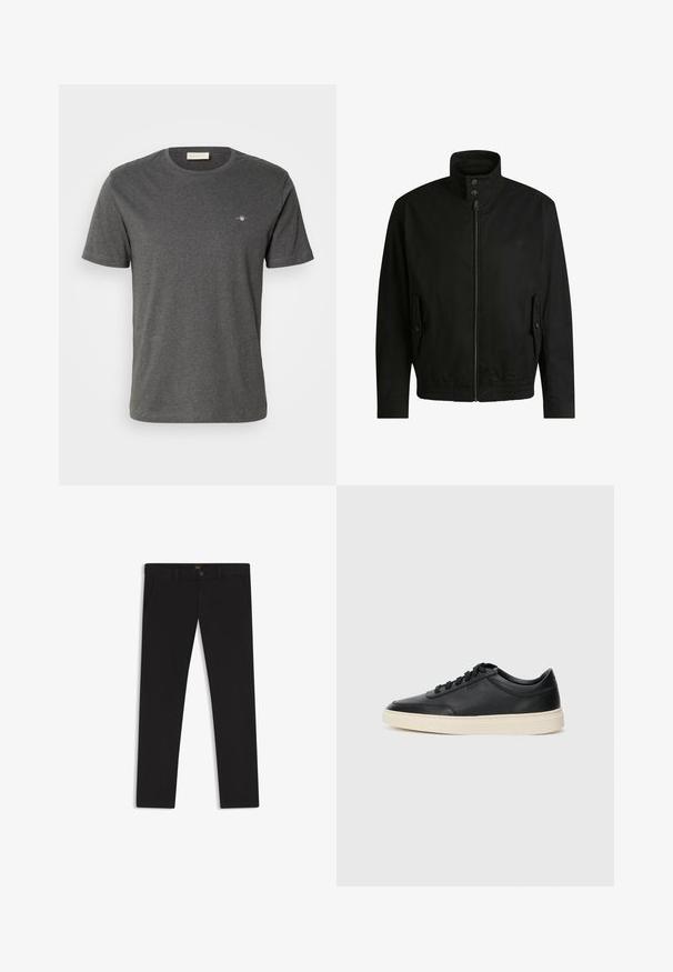 Black jacket with a high collar, zippered front, and elastic waistband. Features side pockets with cover flaps and subtle logo detailing.; GANT PRINTED ARCHIVE SHIELD - Basic T-shirt - antracit melange; Black trousers made of fabric with a smooth texture. Features a button closure, belt loops, and side pockets. Standard straight-leg design.; Black low-top leather sneaker with black laces and off-white sole shown in side profile on white background.