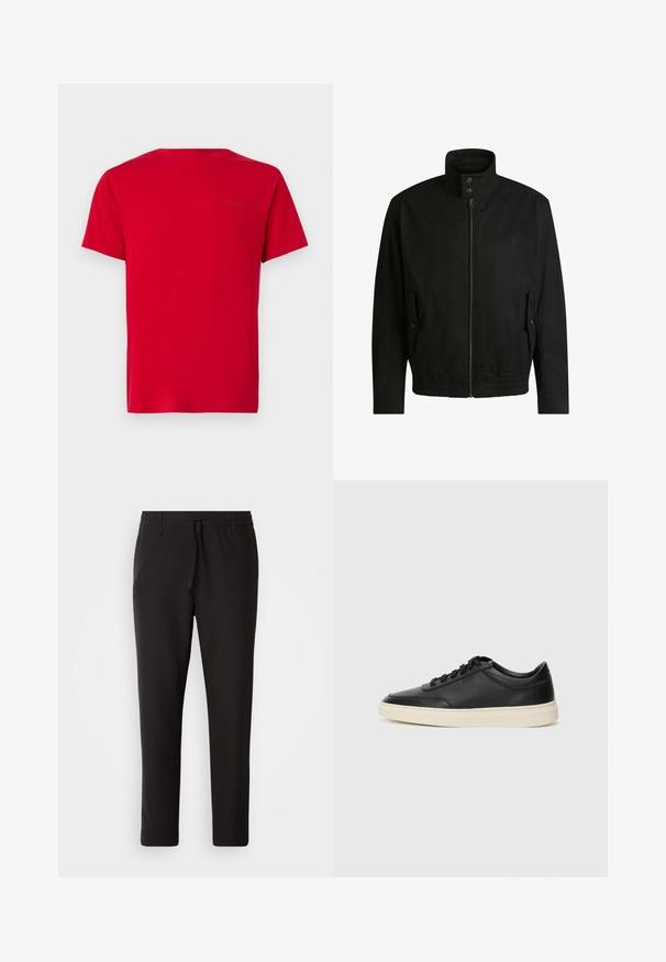 Black jacket with a high collar, zippered front, and elastic waistband. Features side pockets with cover flaps and subtle logo detailing.; Red crew-neck T-shirt, short sleeves, cotton fabric, smooth texture, featuring a small, black logo print on the upper back.; Black jogger pants made of smooth fabric. Feature an elastic waistband with a drawstring, tapered legs, and no visible pockets. Simple design.; Black low-top leather sneaker with black laces and off-white sole shown in side profile on white background.