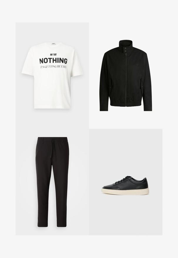 Black jacket with a high collar, zippered front, and elastic waistband. Features side pockets with cover flaps and subtle logo detailing.; White oversized t-shirt with black text "AIN'T GOT NOTHING IT'S GETTING BETTER" printed on the front, short sleeves, crew neckline.; Black jogger pants made of smooth fabric. Feature an elastic waistband with a drawstring, tapered legs, and no visible pockets. Simple design.; Black low-top leather sneaker with black laces and off-white sole shown in side profile on white background.