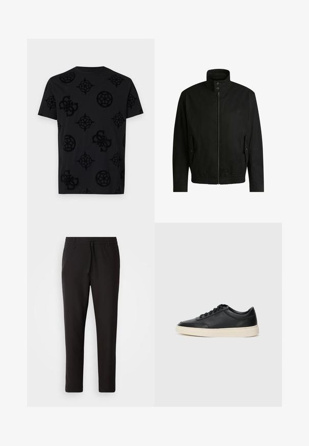 Black jacket with a high collar, zippered front, and elastic waistband. Features side pockets with cover flaps and subtle logo detailing.; Black t-shirt featuring a textured pattern of various circular and geometric shapes. Crew neckline, short sleeves, and relaxed fit.; Black jogger pants made of smooth fabric. Feature an elastic waistband with a drawstring, tapered legs, and no visible pockets. Simple design.; Black low-top leather sneaker with black laces and off-white sole shown in side profile on white background.