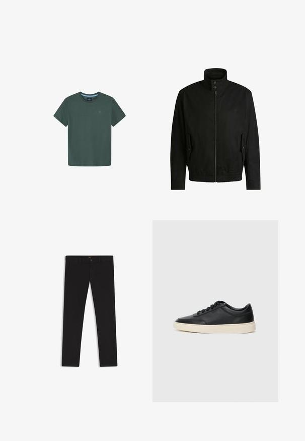 Sort jakke med høj krave, lynlåslukning foran og elastisk liv. Har sidelommer med coverlapper og subtile logo-detaljer.; Mørkegrøn kortermet t-shirt lavet af bomuld, med en rund halsudskæring og et diskret broderet logo på brystet. Glat tekstur.; Sorte bukser lavet af stof med en glat tekstur. Har en knaplukning, bæltestropper og sidelommer. Standard design med lige ben.; Sort lavt top lædersneaker med sorte snørebånd og off-white sål vist i sideprofil på hvid baggrund.