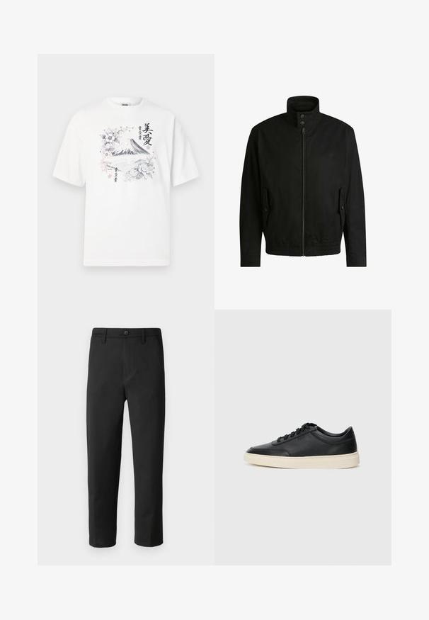 Black jacket with a high collar, zippered front, and elastic waistband. Features side pockets with cover flaps and subtle logo detailing.; White cotton t-shirt featuring a black and colored graphic of Mount Fuji surrounded by floral designs and Japanese text. Short sleeves, round neck.; Black trousers with a straight cut, made from smooth fabric. Features a button closure and belt loops. No visible patterns or accents.; Black low-top leather sneaker with black laces and off-white sole shown in side profile on white background.