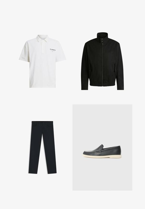 Czarna kurtka z wysokim kołnierzem, zamkiem błyskawicznym z przodu i elastycznym paskiem u dołu. Posiada boczne kieszenie z klapkami oraz subtelne detale logo.; Biała koszulka polo z bawełny, z krótkim rękawem, z zapięciem na guziki i czarnym logo po lewej stronie. Gładka tekstura, klasyczny fason.; Czarne dżinsy denimowe o prostym kroju, z pięcioma kieszeniami, z przodem zapinanym na guzik i zamek błyskawiczny oraz subtelnymi detalami przeszycia.; Czarne skórzane slip-ony w stylu loafers z teksturowanym wykończeniem i kontrastującą beżową gumową podeszwą. Posiadają delikatny akcent wzdłuż przodu.