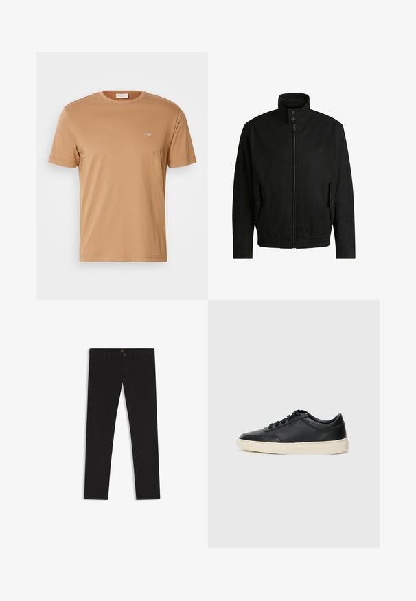 Zwarte jas met een hoge kraag, ritssluiting aan de voorkant en elastische tailleband. Voorzien van zijzakken met deksels en subtiele logo-details.; GANT PRINTED ARCHIVE SHIELD - T-shirt basic - roasted walnut; Zwarte broek van stof met een gladde textuur. Bevat een knoopsluiting, riemlussen en zijzakken. Standaard straight-leg ontwerp.; Zwarte leren sneaker met lage schacht, zwarte veters en off-white zool, weergegeven in zijprofiel op een witte achtergrond.