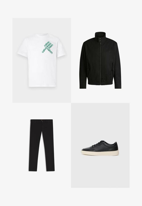 Musta takki korkealla kauluksella, vetoketjulla edessä ja joustavalla vyötäröllä. Varustettu sivutaskuilla, joissa on suojapeitteet ja hienovarainen logotaito.; Valkoinen puuvillapaita, jossa on vihreästi vinosti teksti "calvin klein" eri kokoisina edessä. Lyhyet hihat ja pyöreä kaula-aukko.; Mustat housut, jotka on valmistettu sileätekstiilisestä kankaasta. Varustettu nappikiinnityksellä, vyölenkeillä ja sivutaskuilla. Standardi suora lahjemalli.; Musta matalavartinen nahkastretchu, jossa on mustat nauhat ja vaaleanharmaa pohja, esitetty sivuprofiilissa valkoista taustaa vasten.