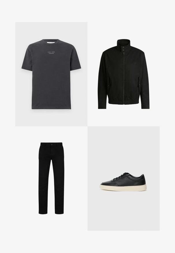 Svart jacka med hög krage, dragkedja fram och elastiskt midjeband. Har fickor på sidorna med lock och subtil logodetalj.; Mörkgrå t-shirt i bomull med korta ärmar och rundad halsringning, med vit broderad text "SAMSØE SAMSØE COPENHAGEN" på bröstet.; Svarta bomullsbyxor med rak passform, med knappstängning, bälteshällor och minimalistisk design. Slät textur, utan mönster.; Svart låg skor i läder med svarta snören och off-white sula, visas i sidoprofil på vit bakgrund.