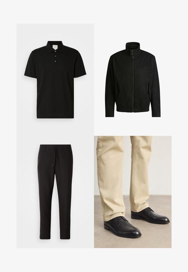 Schwarze Jacke mit hohem Kragen, Reißverschluss vorne und elastischem Bund. Enthält Seitentaschen mit Klappen und dezenten Logodetails.; Schwarzes Poloshirt mit kurzen Ärmeln aus glattem Stoff, mit klassischem Kragen, einer Knopfleiste mit drei Knöpfen und subtiler vertikaler Musterung.; Schwarze Jogginghose aus glattem Stoff. Mit einem elastischen Bund und Kordelzug, schmal zulaufenden Beinen und ohne sichtbare Taschen. Einfaches Design.; Schwarze Leder Schnürschuhe mit runder Zehenform, glatter Oberfläche und dezenten Nähdetails, getragen mit hellbeigen Hosen.
