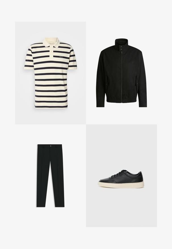Zwarte jas met een hoge kraag, ritssluiting aan de voorkant en elastische tailleband. Voorzien van zijzakken met deksels en subtiele logo-details.; Gestreepte polo in crème en marineblauw, gemaakt van katoen. Voorzien van een kraag, knoopsluiting met twee knopen en geborduurd logo op de borst.; Zwarte dresspants met een recht pasvorm, gemaakt van een gladde stof. Heeft een sluiting met een knoop aan de voorkant en ceintuurlussen. Effen zonder patronen.; Zwarte leren sneaker met lage schacht, zwarte veters en off-white zool, weergegeven in zijprofiel op een witte achtergrond.