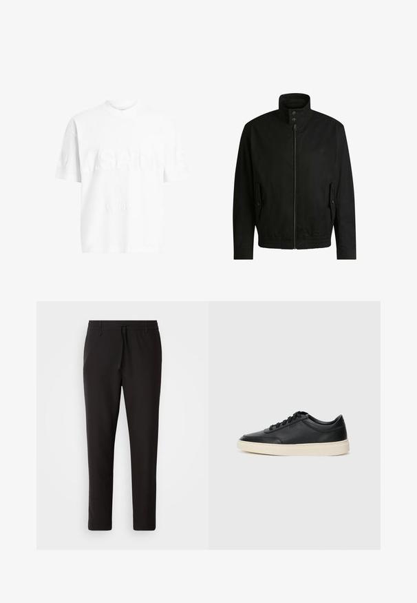 Czarna kurtka z wysokim kołnierzem, zamkiem błyskawicznym z przodu i elastycznym paskiem u dołu. Posiada boczne kieszenie z klapkami oraz subtelne detale logo.; Biała bawełniana koszulka z krótkim rękawem i okrągłym dekoltem. Posiada teksturowane logo "A.SAINTS" oraz "LONDON" z przodu w subtelnym wytłoczonym stylu.; Czarne spodnie dresowe wykonane z gładkiego materiału. Posiadają elastyczny pas ze sznurkiem, zwężane nogawki oraz brak widocznych kieszeni. Prosty design.; Czarne niskie skórzane sneakersy z czarnymi sznurówkami i off-white podeszwą, prezentowane w profilu bocznym na białym tle.
