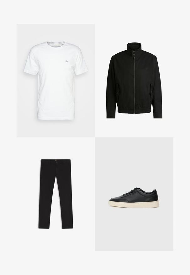 Black jacket with a high collar, zippered front, and elastic waistband. Features side pockets with cover flaps and subtle logo detailing.; White cotton t-shirt with a round neck and short sleeves, featuring a small logo on the chest and a smooth, clean texture.; Black trousers made of fabric with a smooth texture. Features a button closure, belt loops, and side pockets. Standard straight-leg design.; Black low-top leather sneaker with black laces and off-white sole shown in side profile on white background.