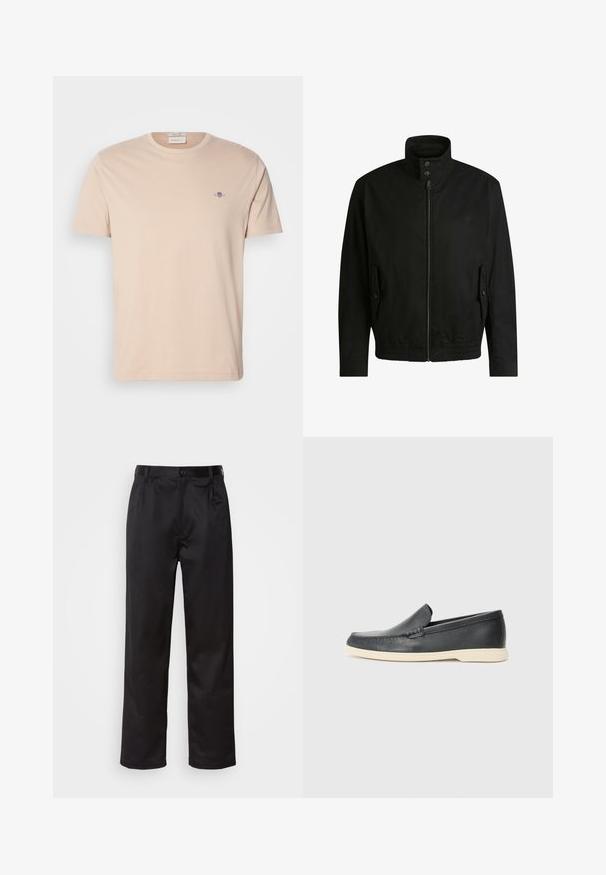 Giacca nera con colletto alto, chiusura con zip e vita elasticizzata. Presenta tasche laterali con flap di copertura e dettagli del logo discreti.; T-shirt in cotone beige chiaro con scollo rotondo. Presenta un piccolo logo ricamato sul lato sinistro del petto. Orlo dritto e maniche corte.; Pantaloni neri realizzati in tessuto morbido, con chiusura frontale a bottone, pieghe e gambe dritte. Nessun motivo o accento visibile.; Mocassini neri in pelle con finitura testurizzata e suola in gomma beige a contrasto. Presentano un accento sottile lungo la parte anteriore.