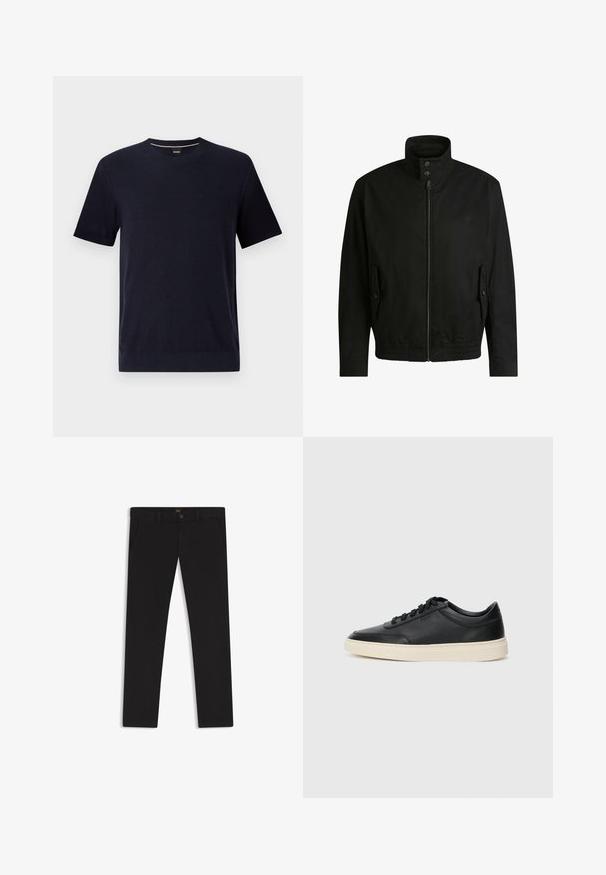 Svart jacka med hög krage, dragkedja fram och elastiskt midjeband. Har fickor på sidorna med lock och subtil logodetalj.; Marinblå kortärmad rundhalsad t-shirt i texturerad stickad tyg och ribbade ärmslut. Diskret logga på halslinningen. Minimalistisk design.; Svarta byxor gjorda av tyg med en slät textur. Har en knäppning med knapp, bälteshällor och sidofickor. Standard rakt ben-design.; Svart låg skor i läder med svarta snören och off-white sula, visas i sidoprofil på vit bakgrund.