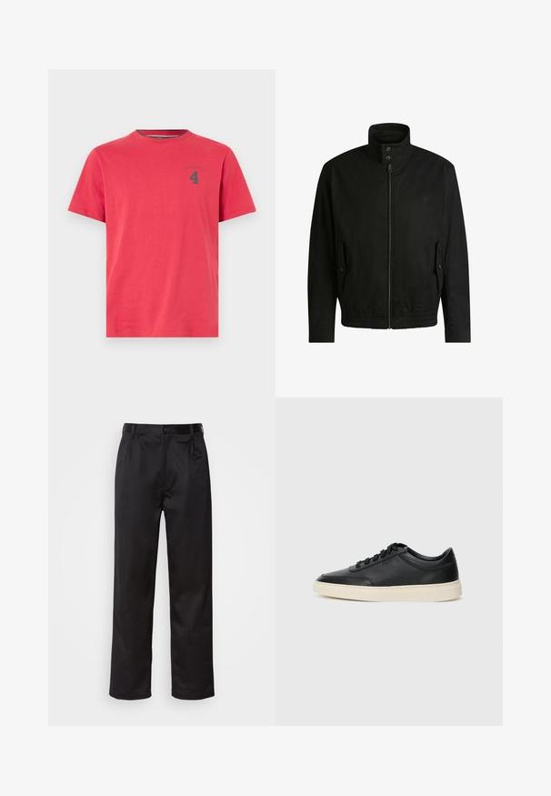 Black jacket with a high collar, zippered front, and elastic waistband. Features side pockets with cover flaps and subtle logo detailing.; Red cotton t-shirt with a crew neck and short sleeves. Features a small dark logo and number "4" printed on the chest. Simple design.; Black trousers made of smooth fabric, featuring a front button closure, pleats, and straight legs. No visible patterns or accents.; Black low-top leather sneaker with black laces and off-white sole shown in side profile on white background.