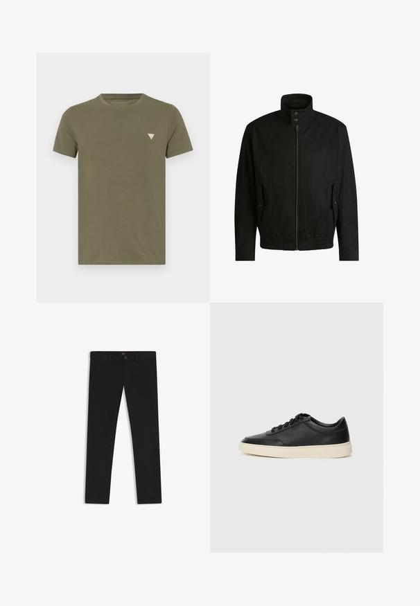 Schwarze Jacke mit hohem Kragen, Reißverschluss vorne und elastischem Bund. Enthält Seitentaschen mit Klappen und dezenten Logodetails.; Olivgrünes Kurzarm-T-Shirt aus Baumwolle, mit einem kleinen dreieckigen Logo in Rot und Weiß im linken Brustbereich.; Schwarze Hosen aus einem Stoff mit glatter текстуре. Verfügt über einen Knopfverschluss, Gürtelschlaufen und Seitentaschen. Klassisches Design mit geradem Bein.; Schwarzer niedriger Ledersneaker mit schwarzen Schnürsenkeln und cremefarbenem Sohlenrand, seitlich auf weißem Hintergrund dargestellt.